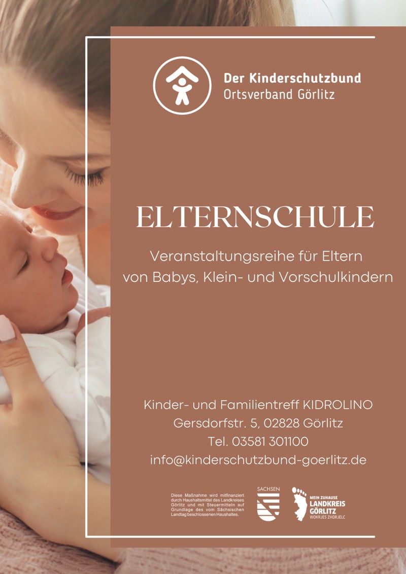 Plakat zur Elternschule mit einer Mutter mit Kind