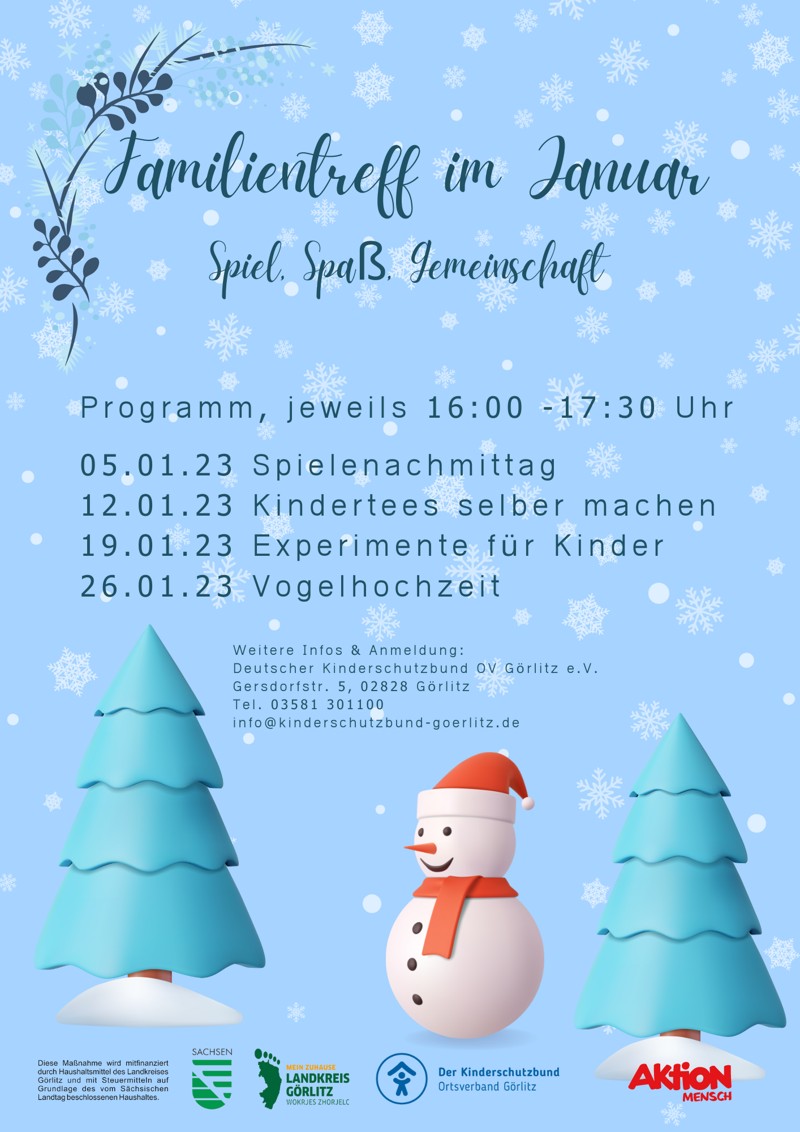 Plakat mit Terminangaben. Darstellung eines Schneemanns und Bäumen.