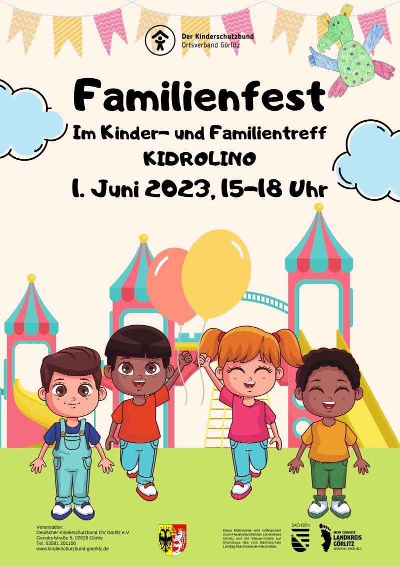 Plakat zum Familienfest zeigt lachende Kinder vor einer Spielzeugburg einem gezeichneten Stil.