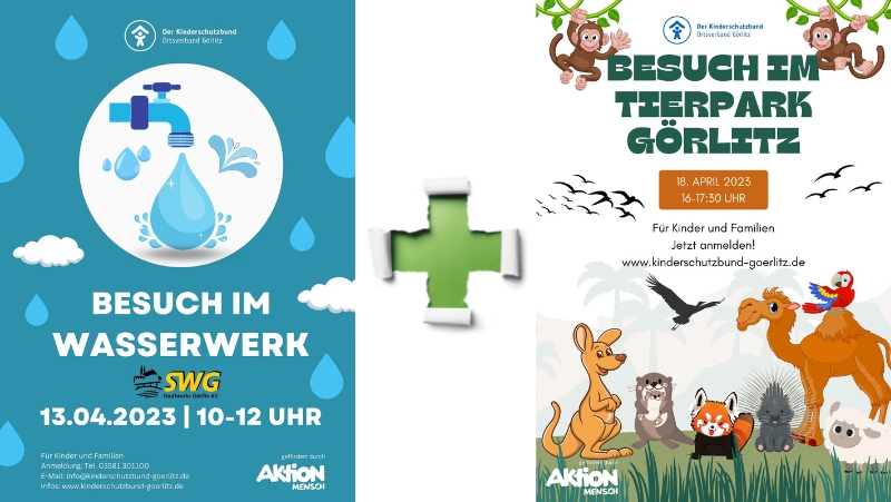 Zwei Plakate mit Grafiken zum Wasserwerk und dem Tierpark.