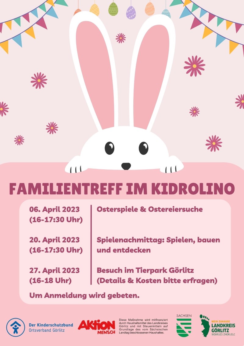 Plakat für den Familientreff im April mit einem gezeichneten Osterhasen