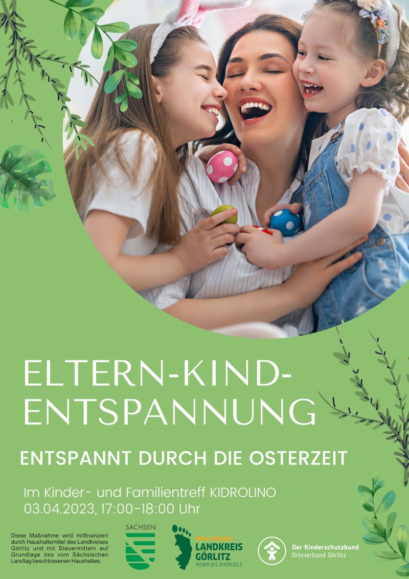 Das Plakat zeigt eine Mutter mit zwei Kindern, die lachen und Hasenohren als Kopfschmuck tragen.
